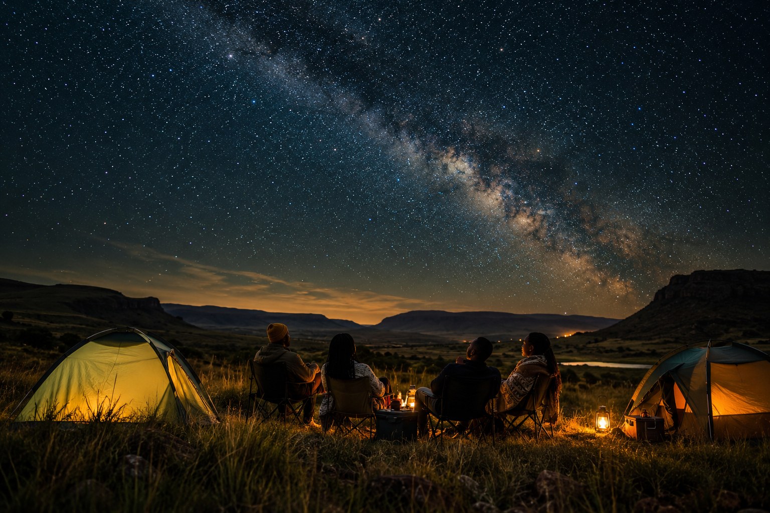Illustration of campers looking up at a star-filled night sky