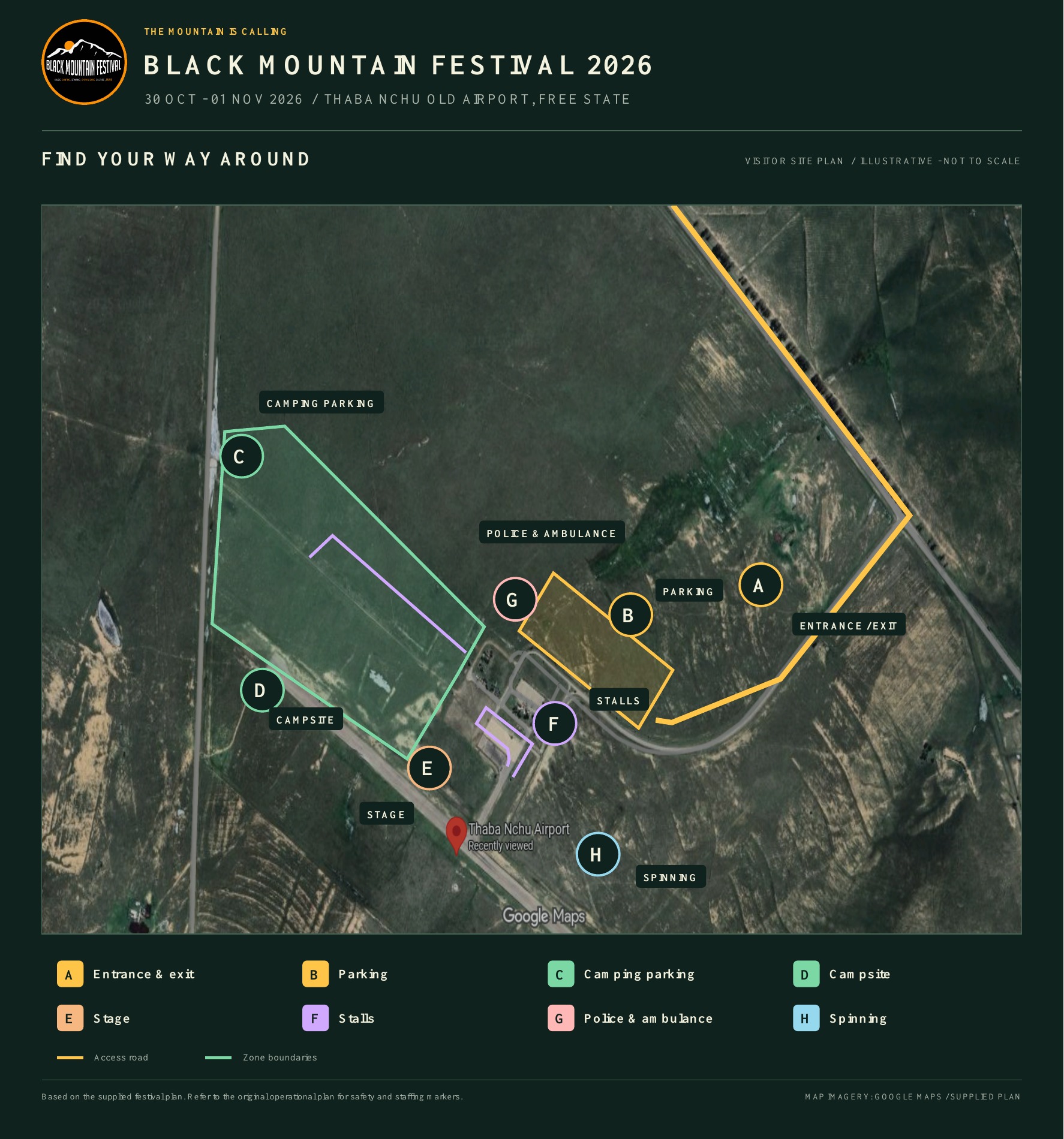 Black Mountain Festival visitor site plan showing the entrance, parking, campsite, stage, stalls, police and ambulance area, and spinning area